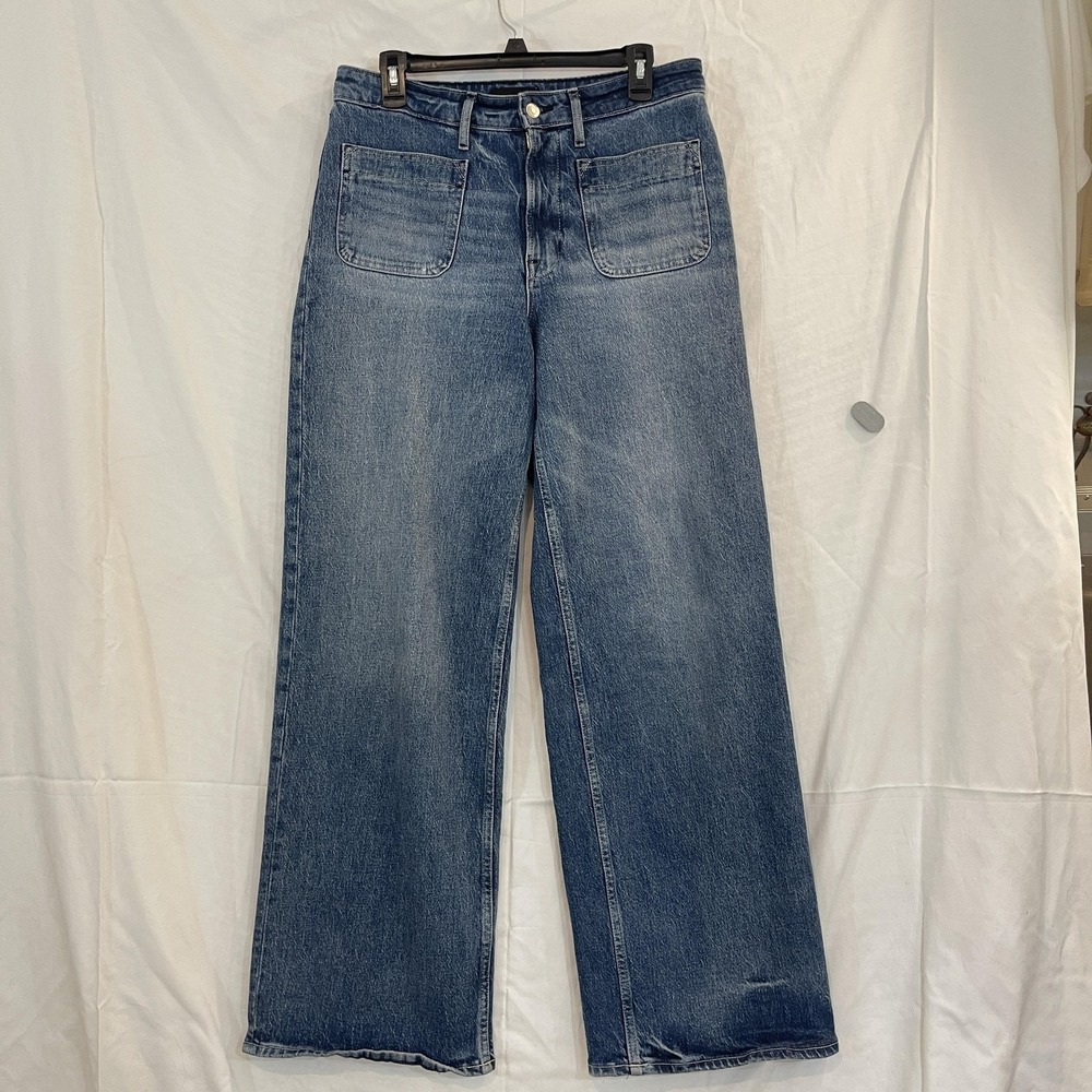 Free Assembly Jeans Womens 10 Blue Super High Rise Wide Leg Front Patch Pockets